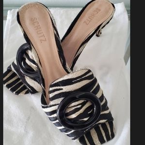SCHUTZ zebra low heel mule with buckle size 10